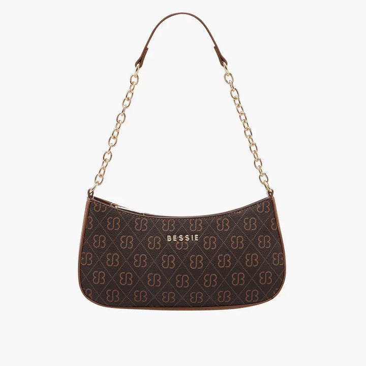 Monogram Print Shoulder Bag with Chain Strap & Zip Closure