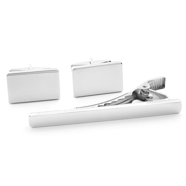 Onyx Art Silver Tie Clip & Engravable Cufflinks Set