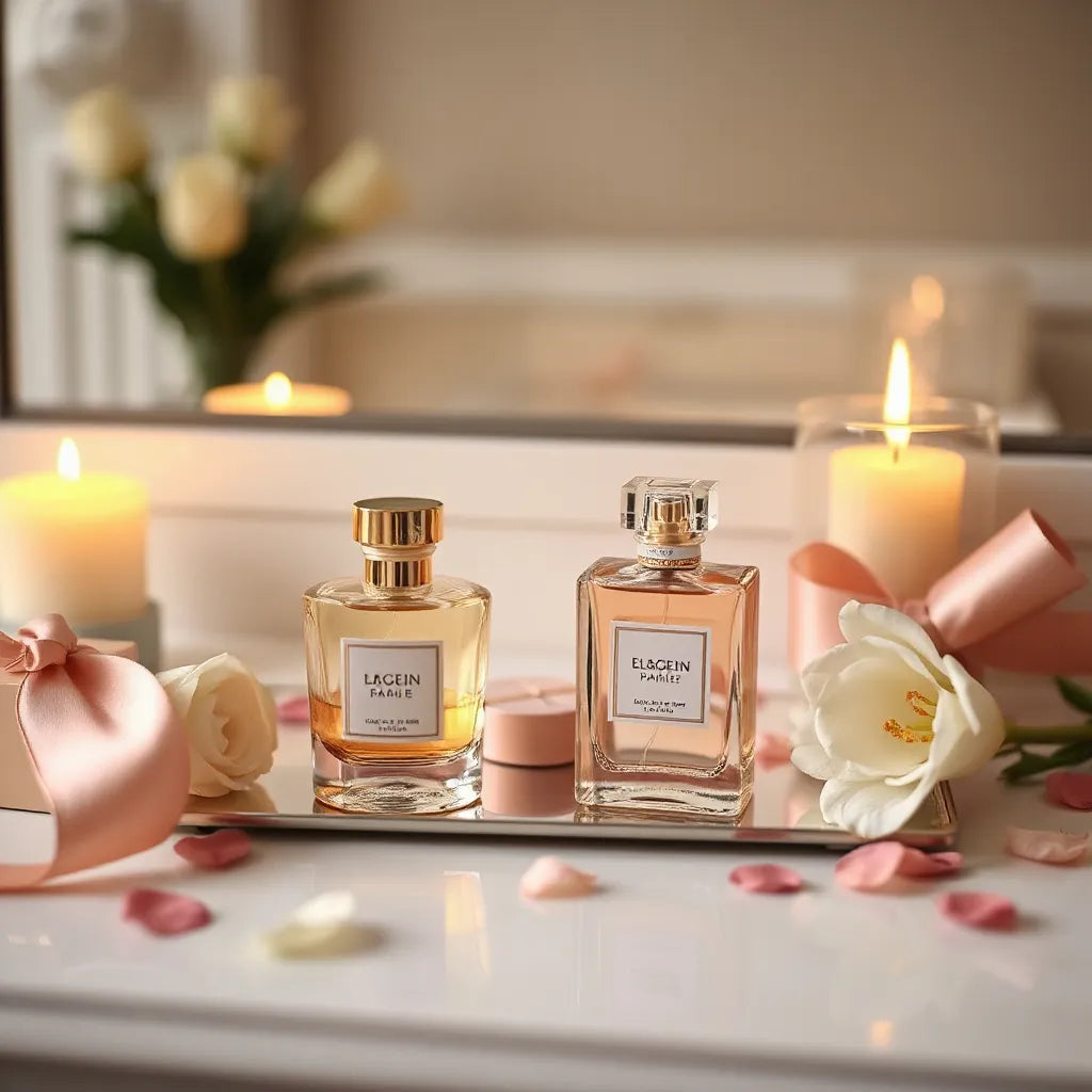 Elegant perfume bottles on a vanity with candlelight and flower petals for a celebratory mood
