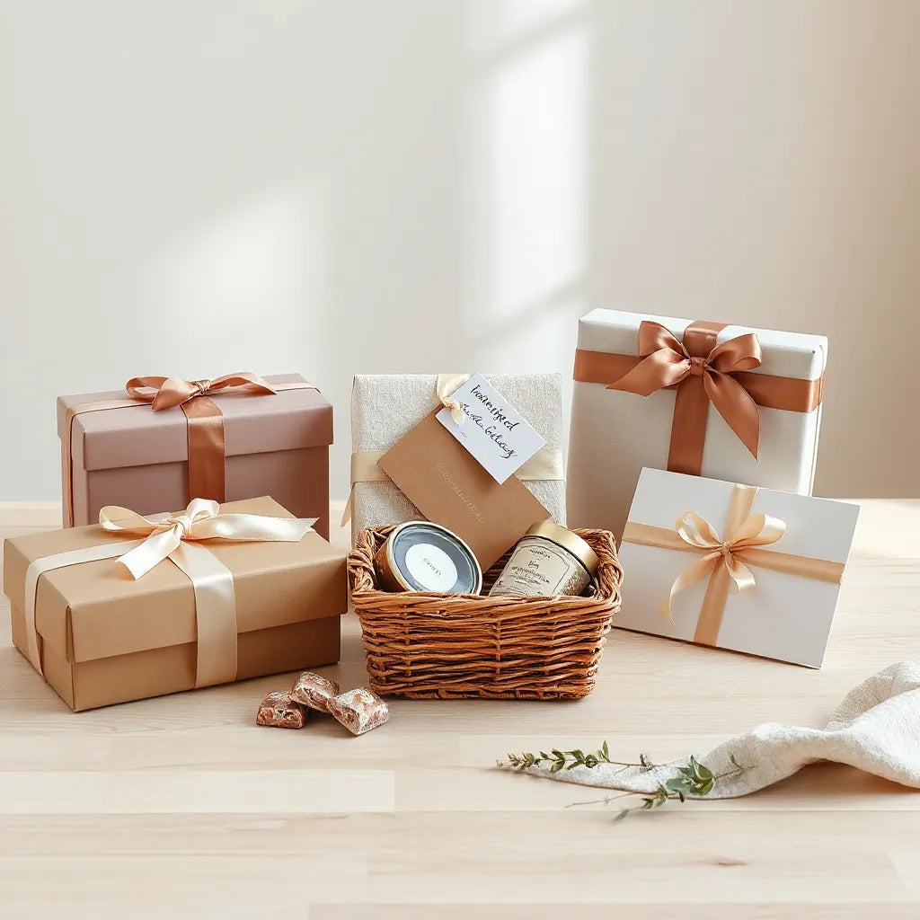 Premium gift bundles with elegant wrapped boxes and ribbons arranged on a light wood table