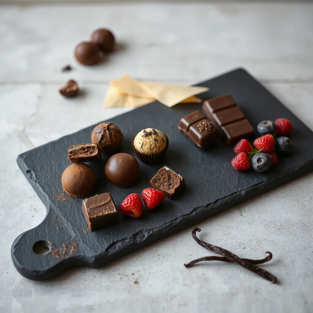 Assorted handmade truffles and chocolate bars with cocoa dust and fresh berries on a slate board