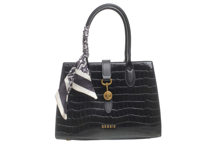 Croc Print Genuine Black Leather Hand Bag with Scarf