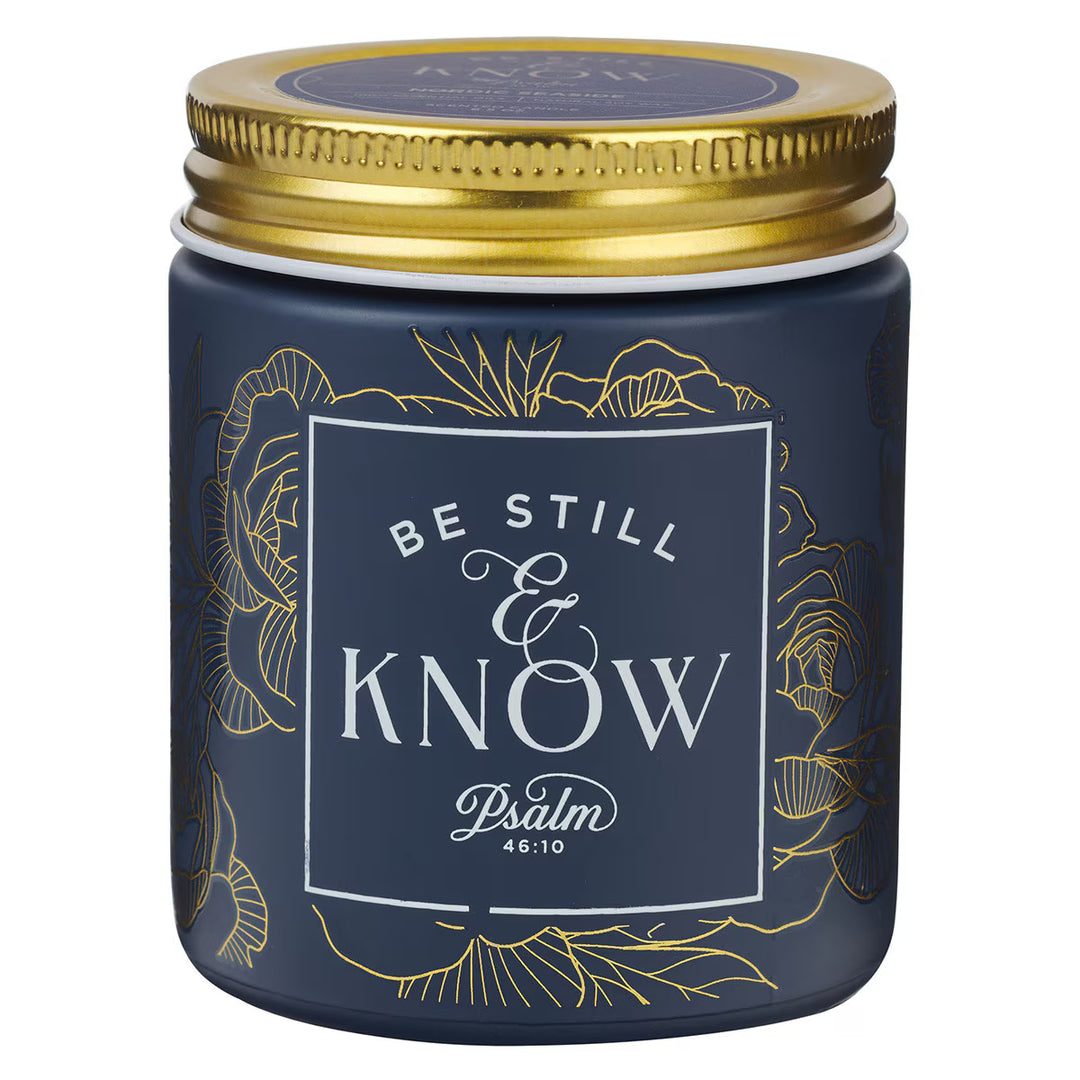 Be Still and Know Golden Rose Nordic Seaside Scented Candle in a Blue Glass Jar - Psalm 46:10
