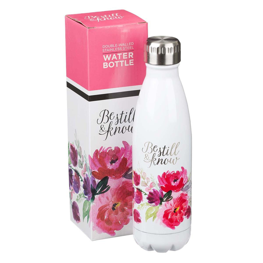 CAG Be Still & Know White Floral Stainless Steel Travel Bottle