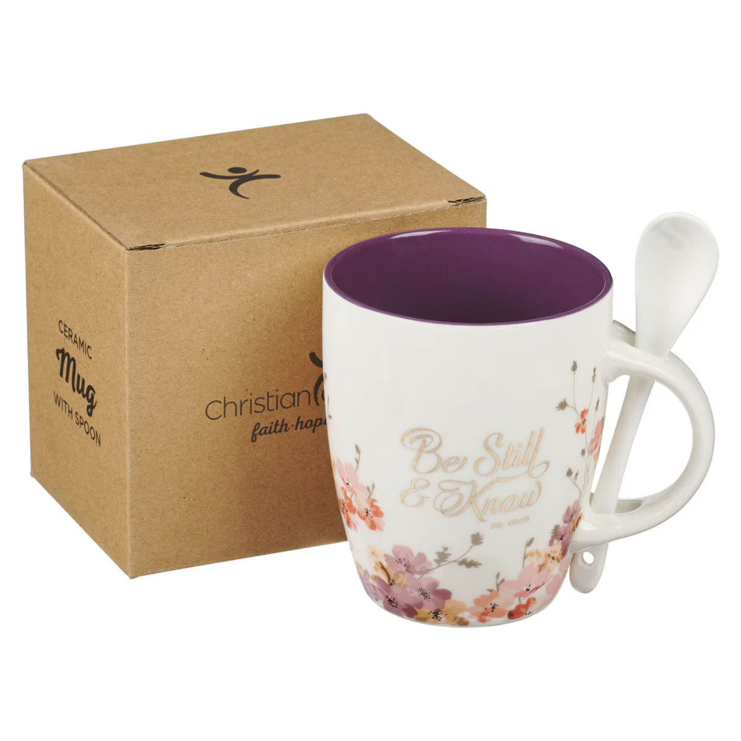 Be Still & Know Purple Floral Ceramic Coffee Mug with Spoon - Psalm 46:10