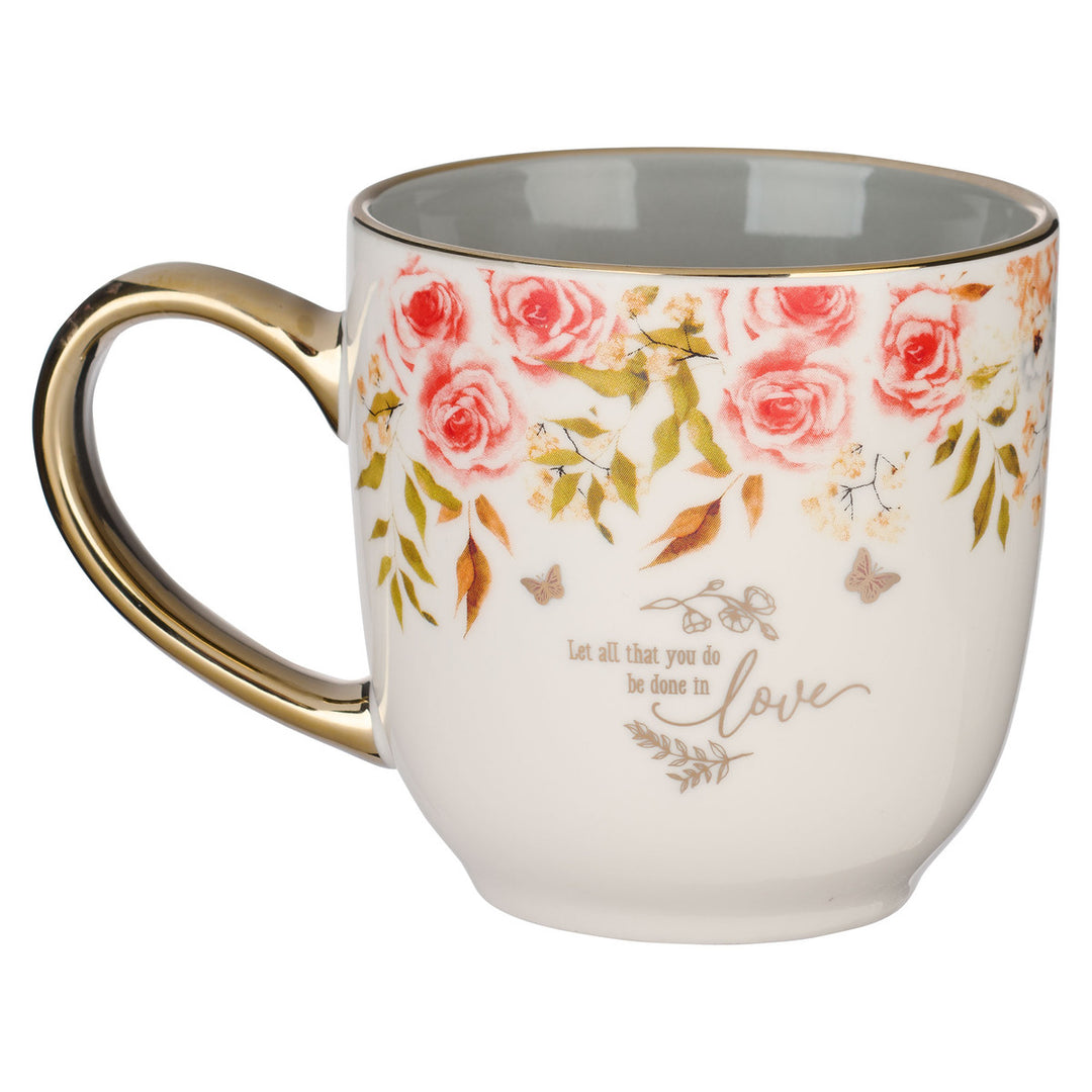 CAG White/Gray Floral Ceramic Love Coffee Mug
