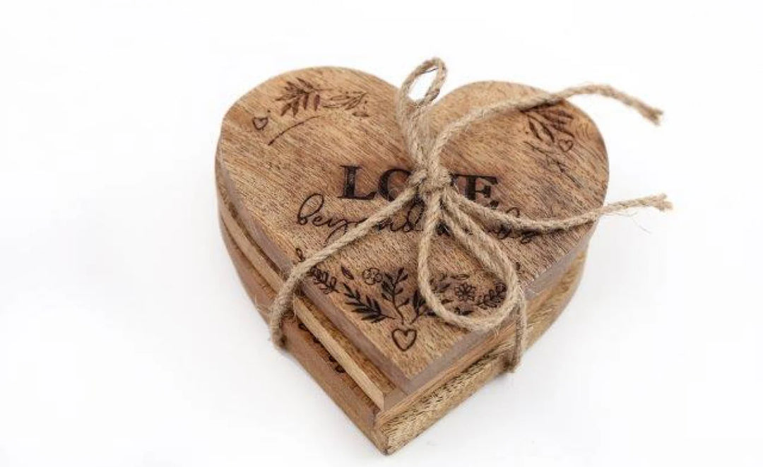 Set of 4 Engraved Wooden Heart Coasters - Live, Laugh, Love, Happiness