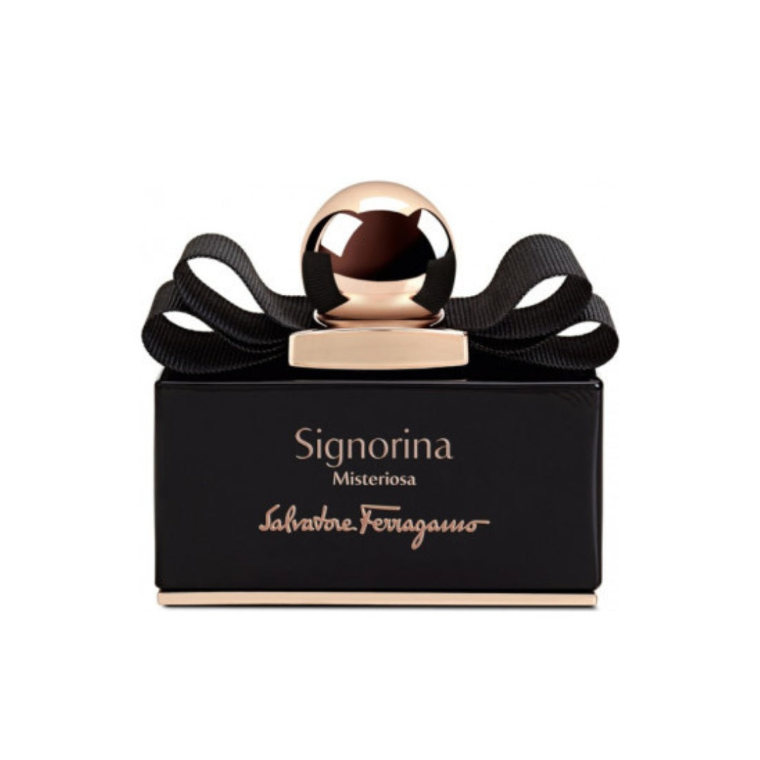 Front view of Salvatore Ferragamo Signorina Misteriosa EDP 100ml bottle featuring a chic black bow and gold cap, perfect for women’s premium fragrance collection.