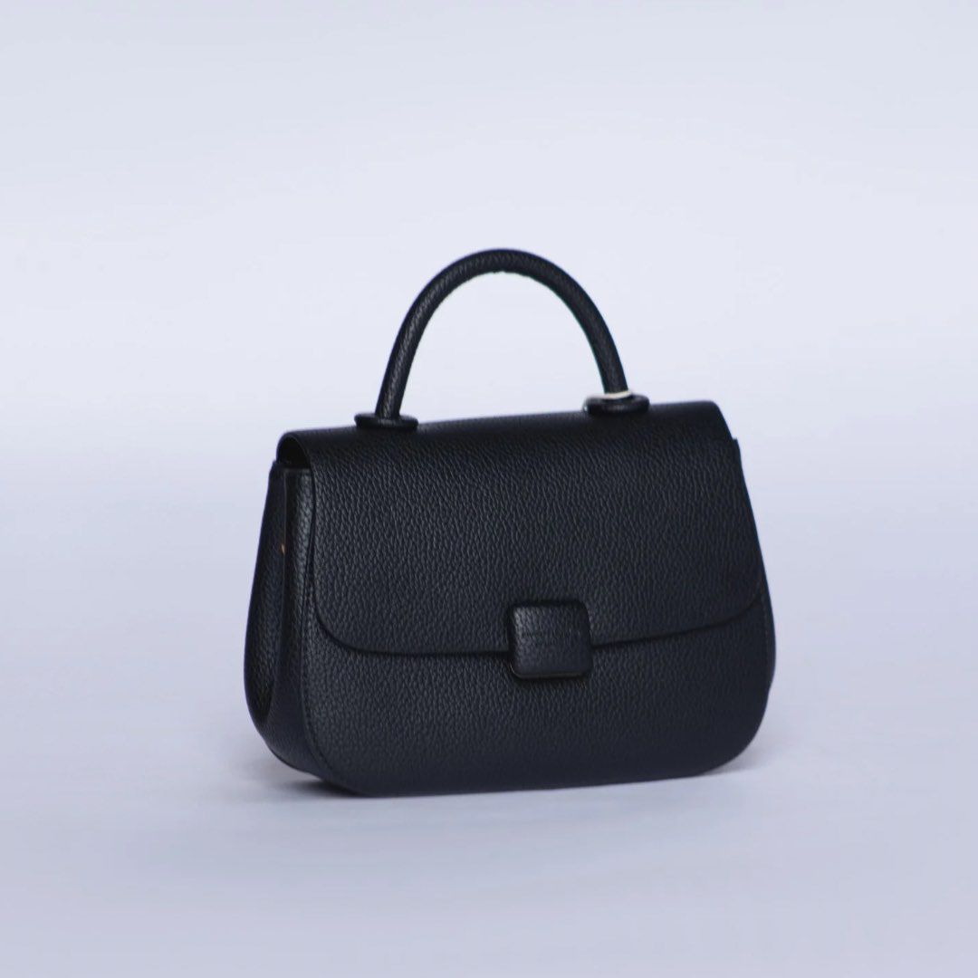 H&F Black Genuine Leather Handbag with Magnetic Flap- D8132