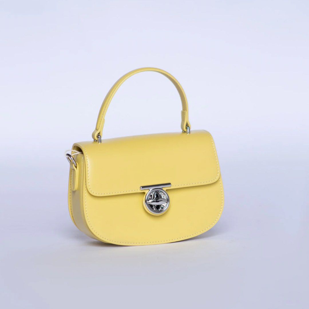 H&F Yellow Leather Flap Handbag with Sliver Tone Hardware- 87765