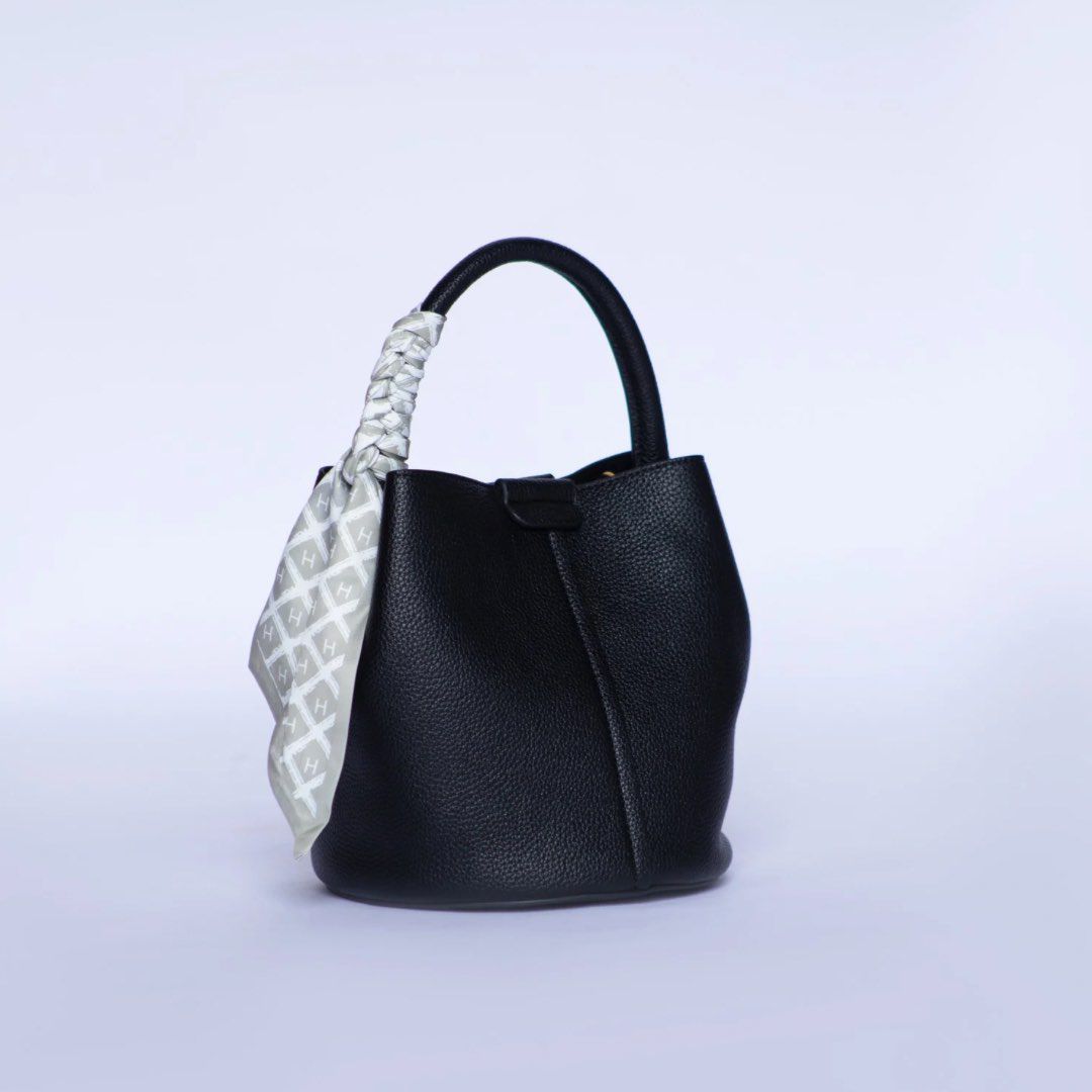 H&F Leather Black Handbag with Scarf- 1771
