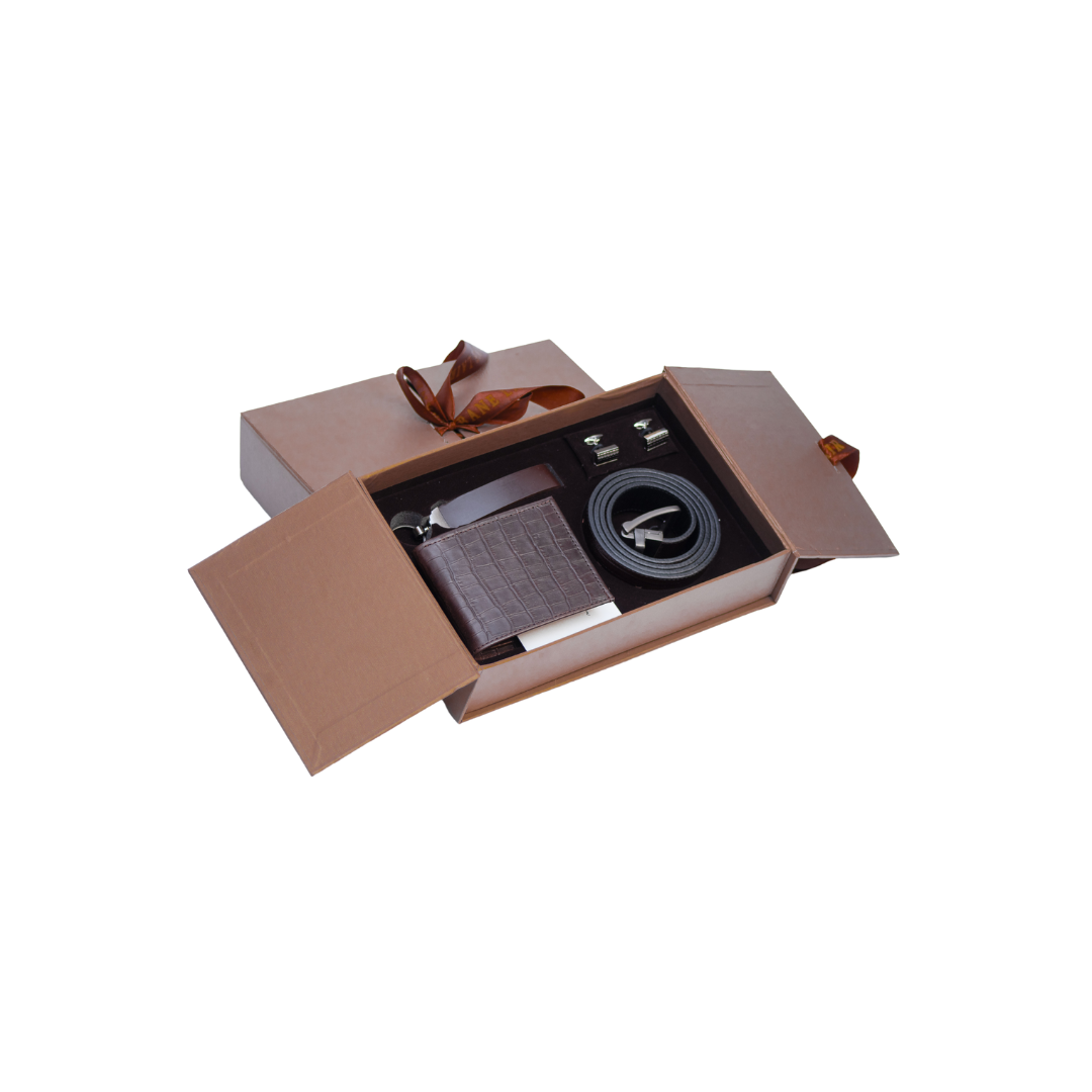 Urbane Lair Genuine Brown Leather Belt, Cufflinks, Wallet & Keyring Set