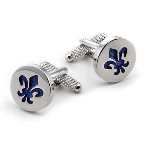 Onyx Silver Metallic Fleur De Lis Blue Cufflinks-CK908