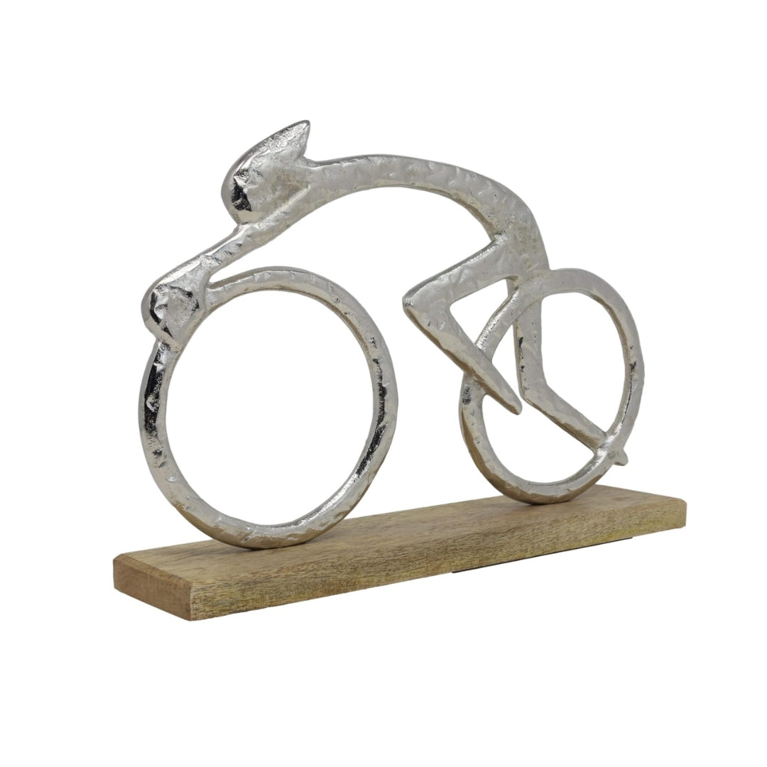 Silver Cyclist Ornament on Wooden Base