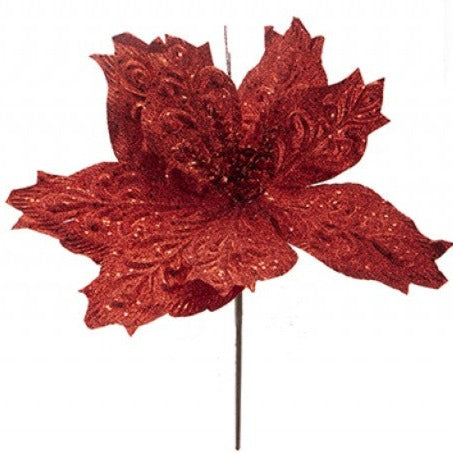 PMS 28CM Glitter Xmas Flower Pick With Hang Tag-Red