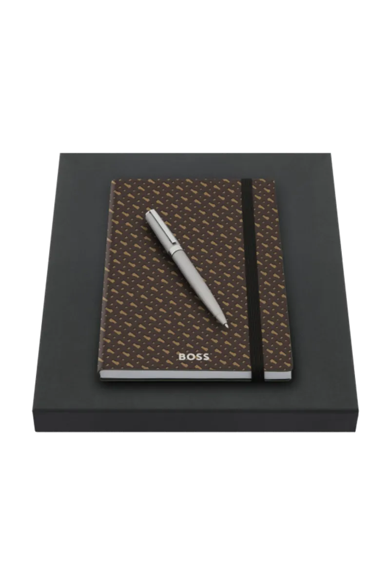 BOSS Monogram Brown A5 Notebook &amp; Pen Gift Set