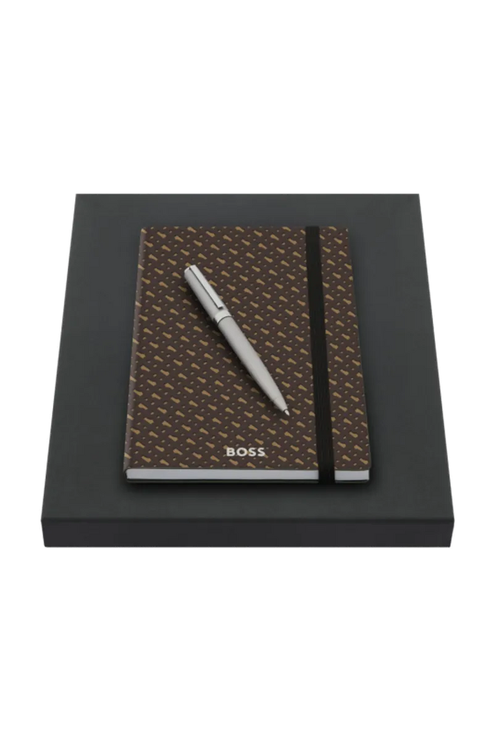 BOSS Monogram Brown A5 Notebook &amp; Pen Gift Set