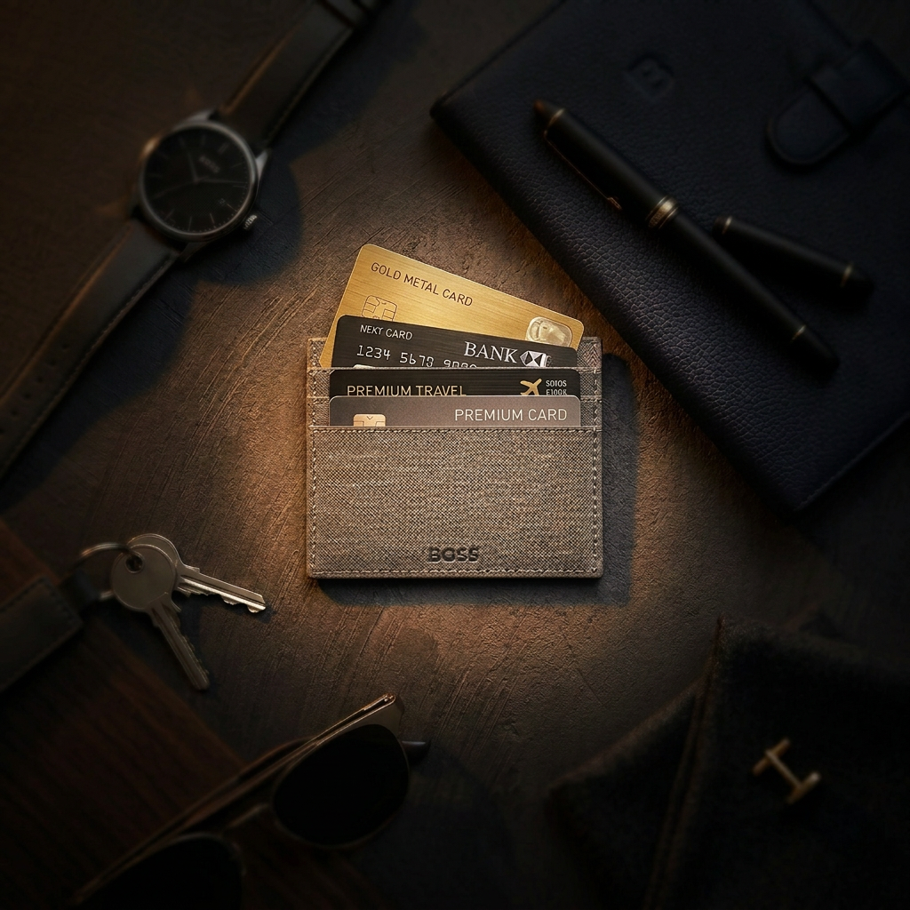 BOSS Double B Saffiano Grey Leather Card Holder