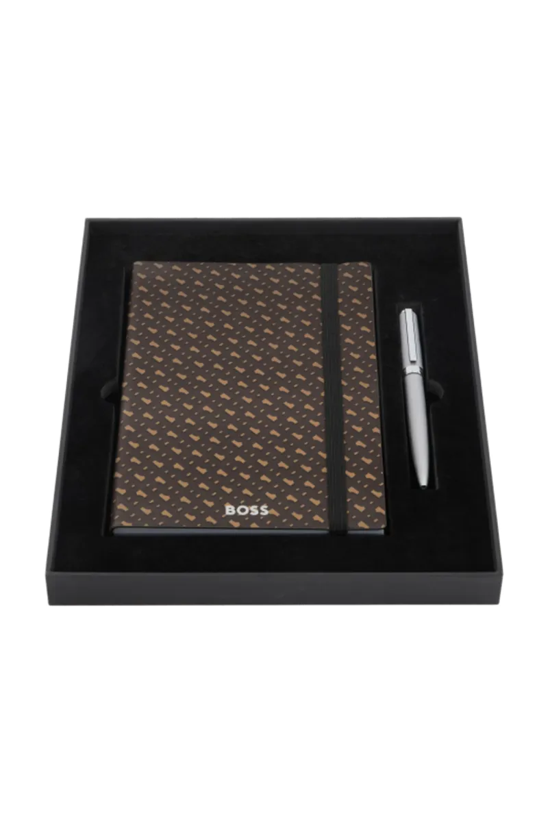 BOSS Monogram Brown A5 Notebook &amp; Pen Gift Set