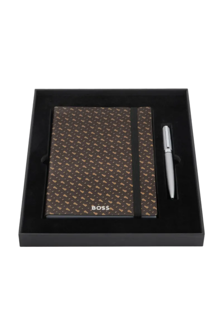 BOSS Monogram Brown A5 Notebook &amp; Pen Gift Set