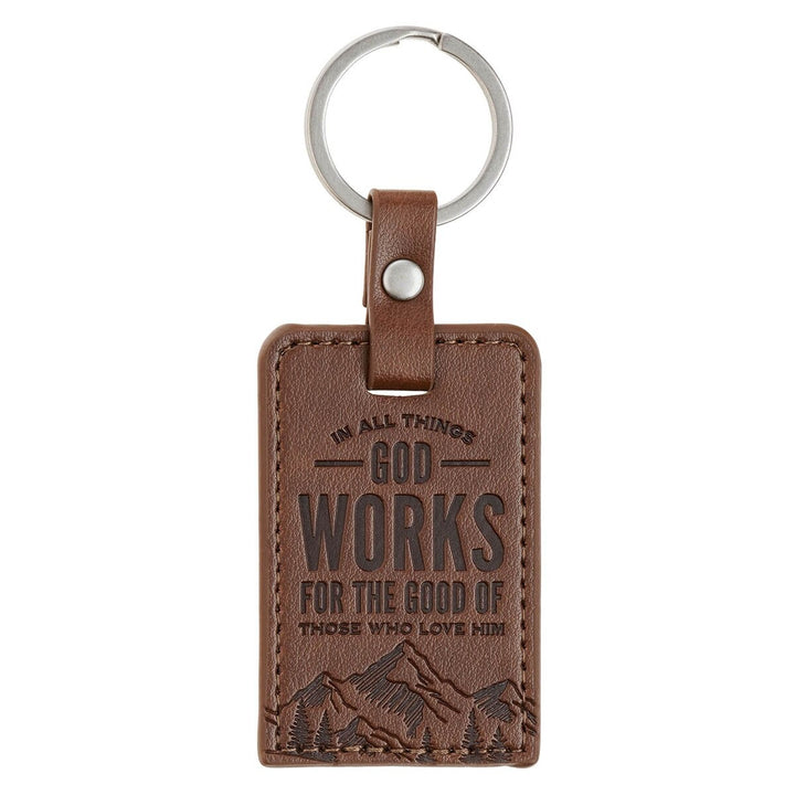 God Works for the Good Brown Faux Leather Keychain - Romans 8:28