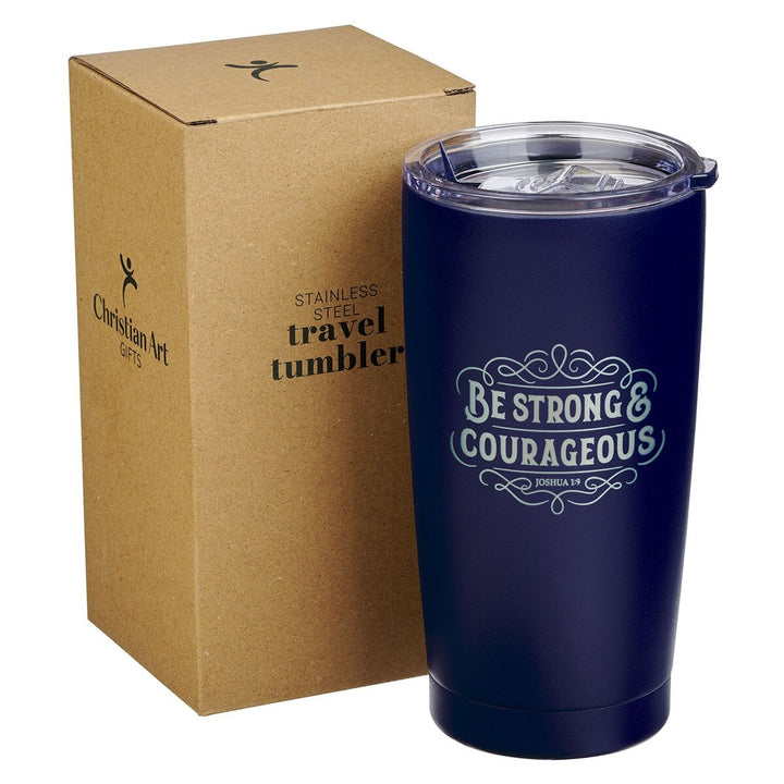 Strong and Courageous Navy Blue Stainless Steel Travel Tumbler - Joshua 1:9