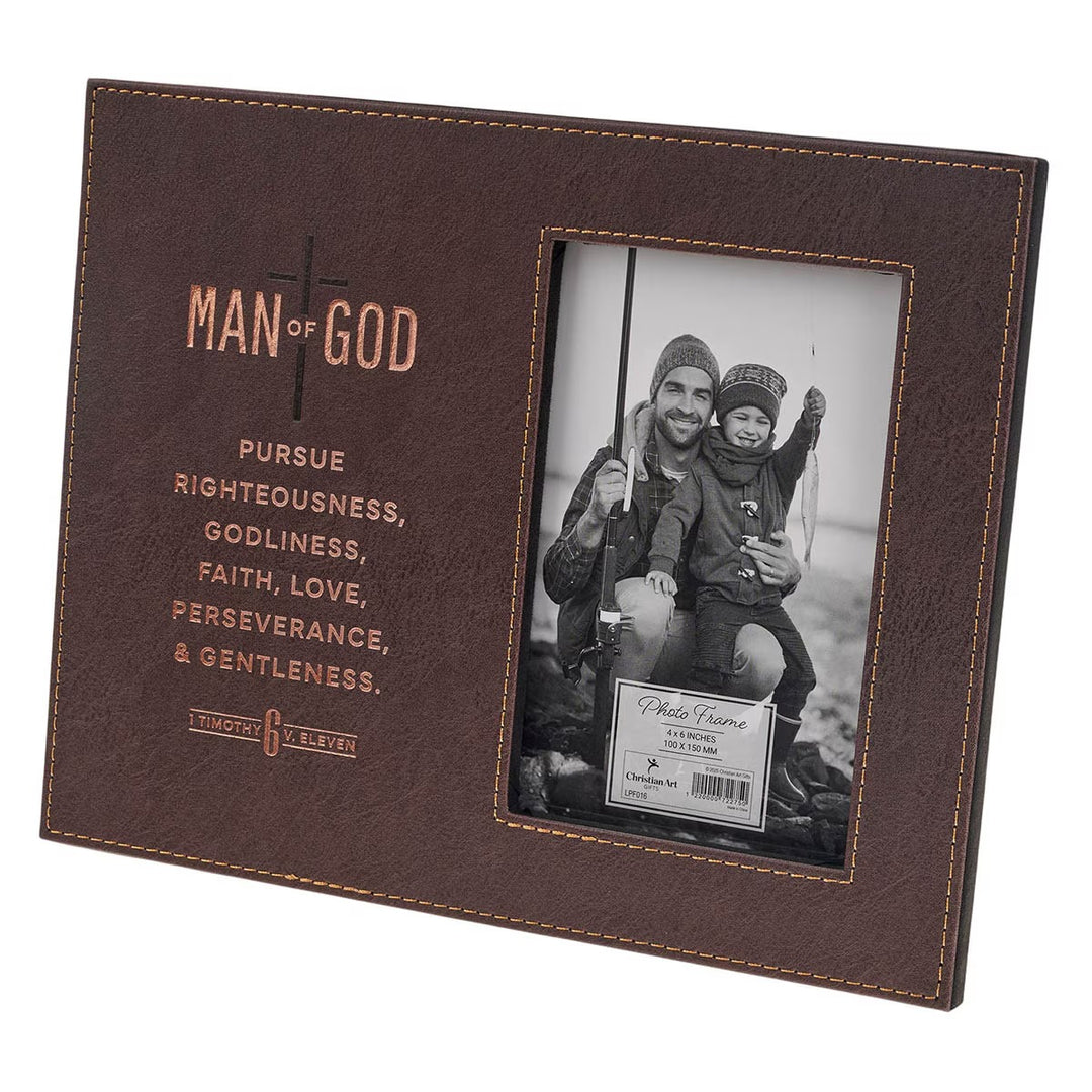 Man of God Brown Faux Leather Photo Frame - 1 Timothy 6:11