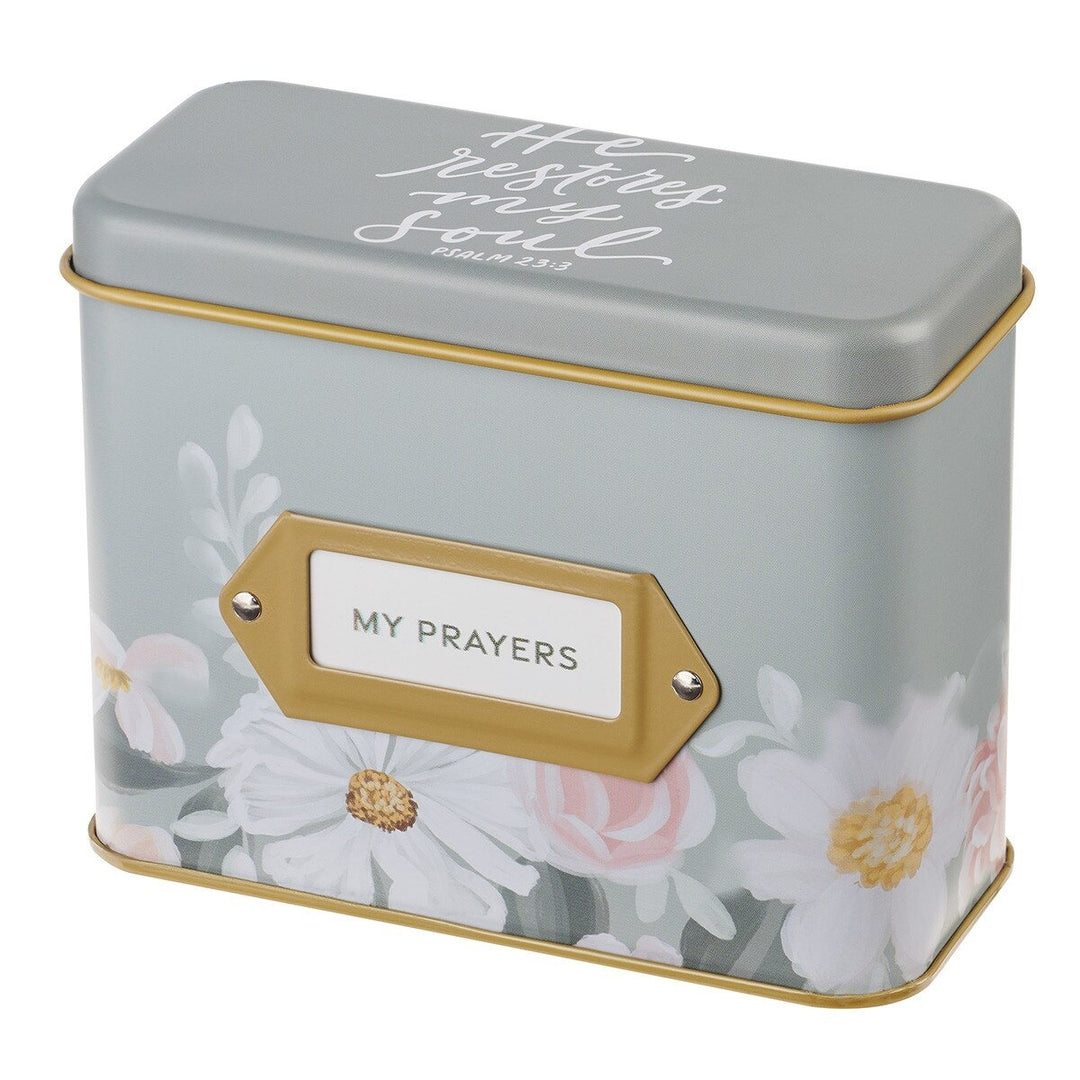 My Prayers "He Restores My Soul" Sage Floral Prayer Tin