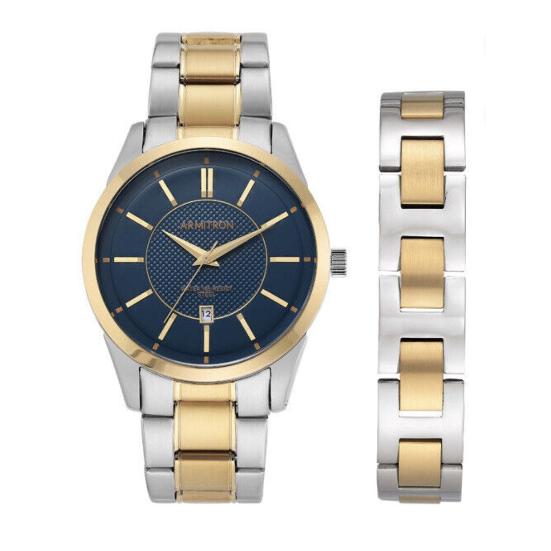 Armitron Two Tone Navy Gold Dial Stainless Steel Watch & Bracelet Set